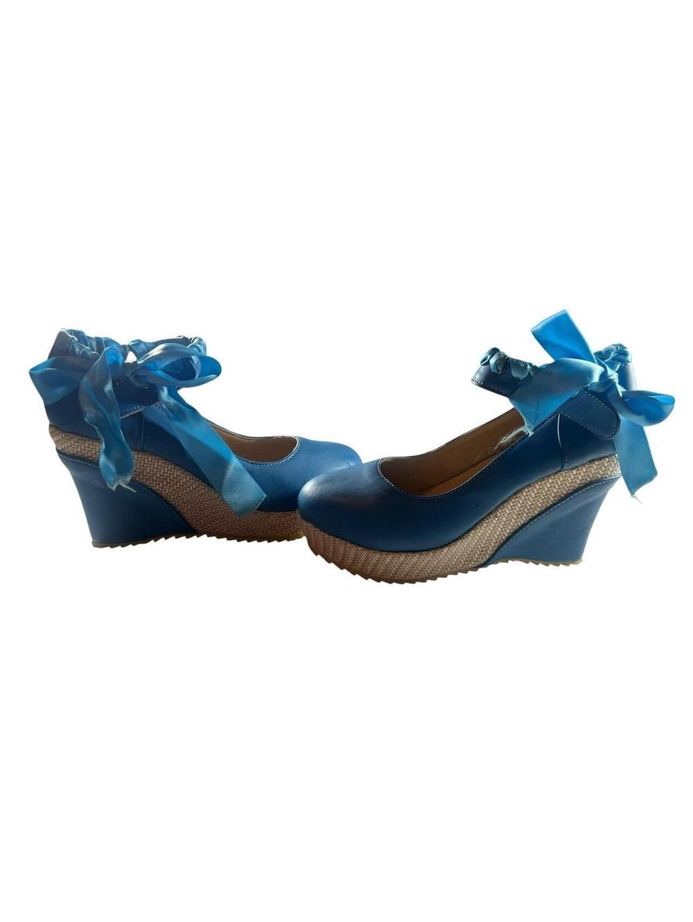 Lolita Blue Ribbon Lace Up Wedge Heels